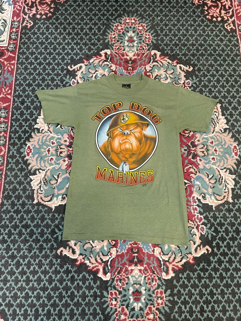 Vintage 3D EmblemTop Dog Marines Graphic Tee - Olive Green
